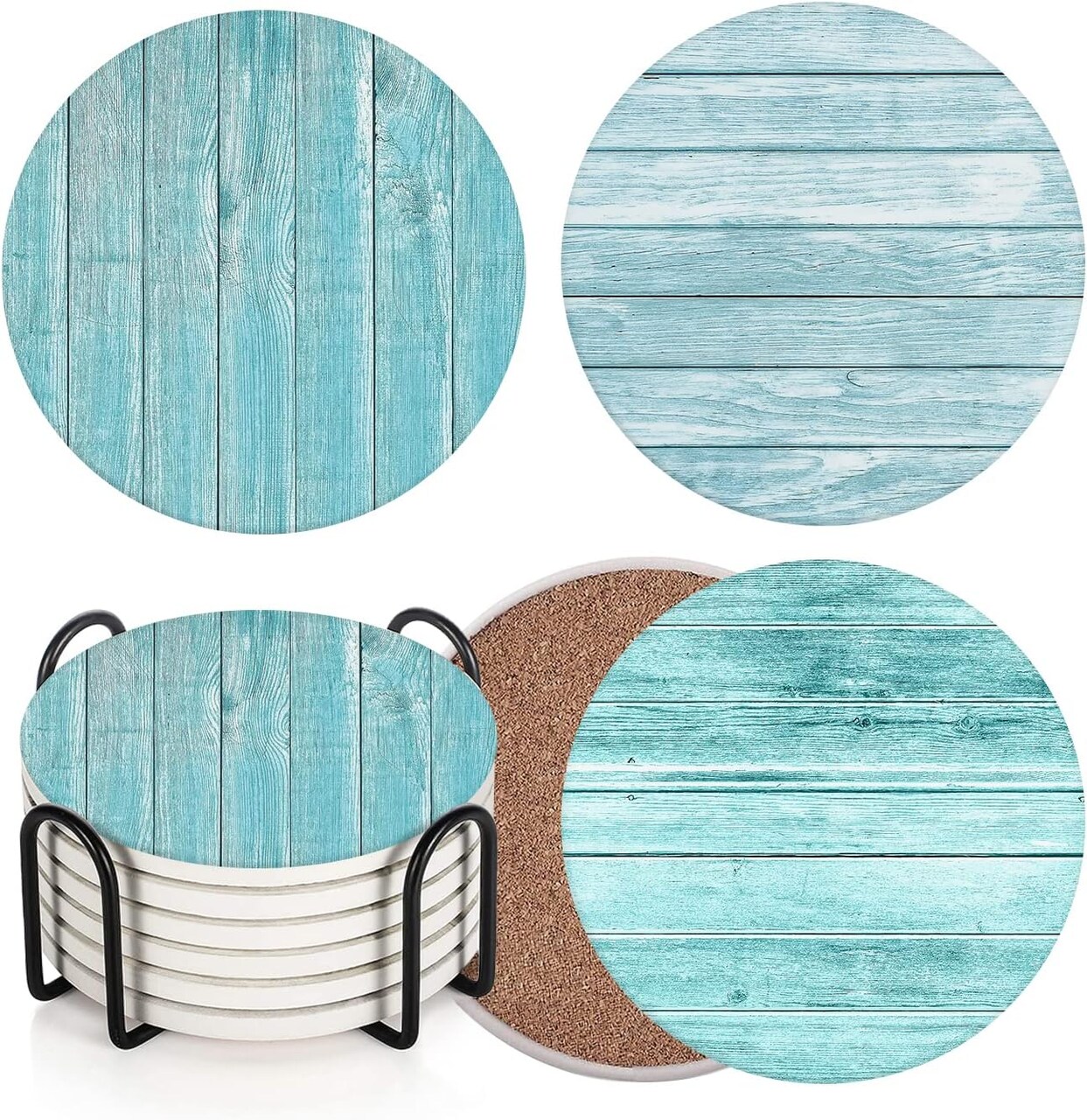 Coaster for Drinks Set of 6, Wooden Planks Blue Wood Paint Table Absorbent Round Ceramic Stone Mat, with Cork Base and Metal Holder, Gift for Housewarming Room Bar Decor